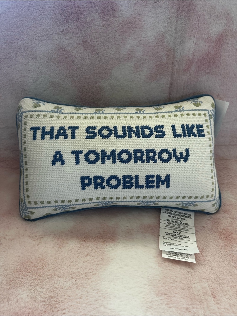 That Sounds Like a Tomorrow Problem Needlepoint Decorative Pillow NWT